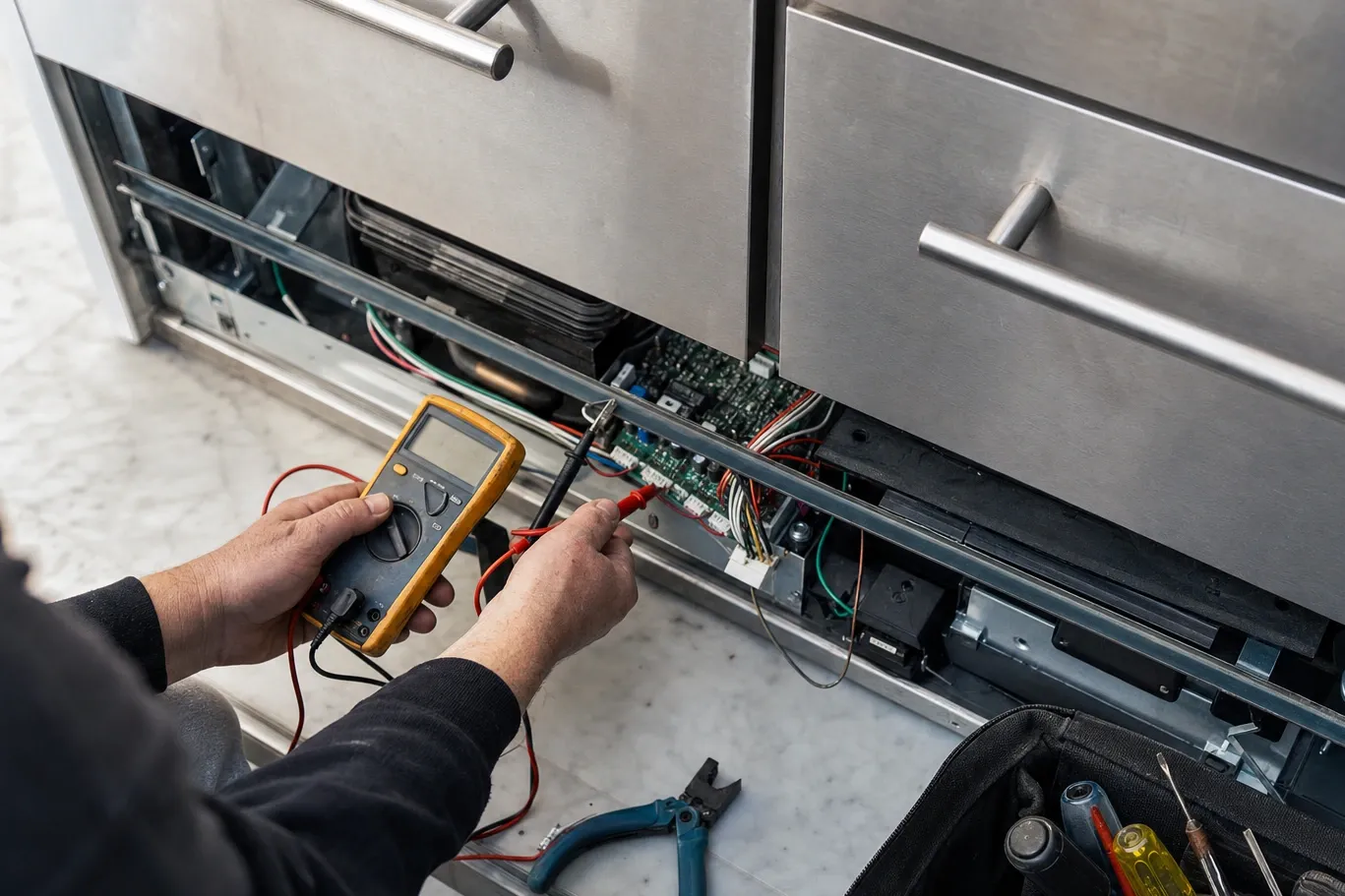 A yellow multimeter held in one hand and a probe on the exposed control board of an undercounter refrigeration unit in the other, wiring harness fanned out beside it