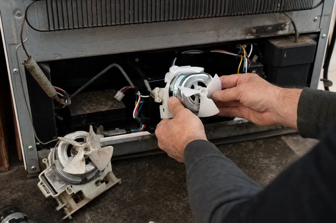 Hands holding a clean replacement fan motor with a white blade at the open back of a cabinet, the dust-caked motor it replaces lying on the floor below it