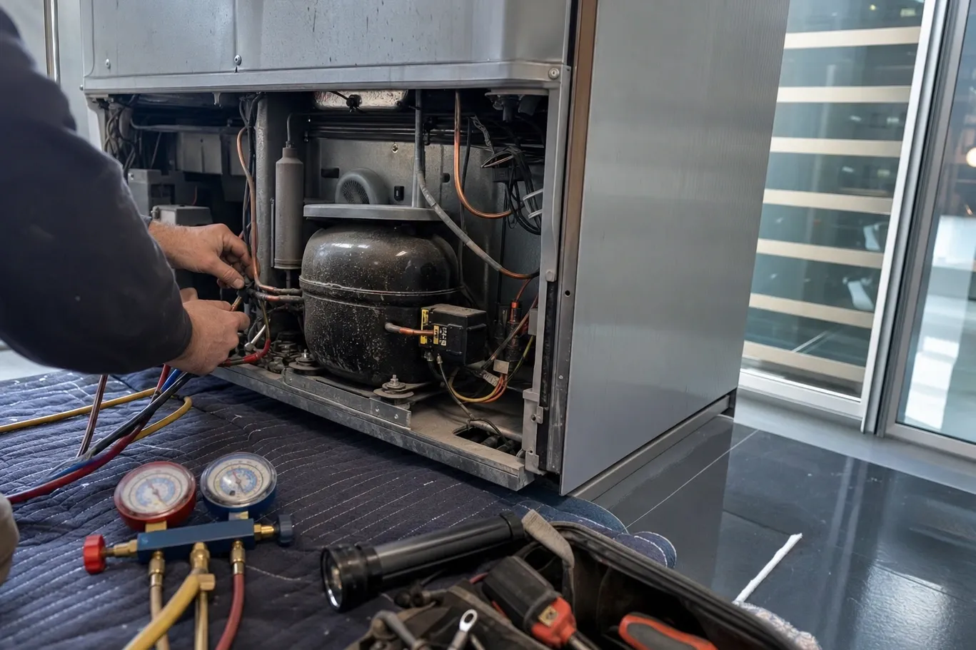 A cabinet stood clear of the wall with its lower back panel off, a hand at the copper line connections and a manifold gauge set, flashlight and open tool bag laid out on a quilted blanket